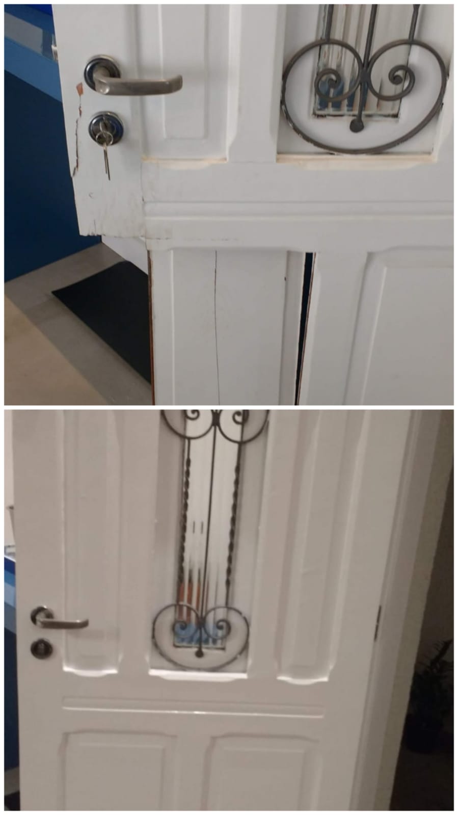 Porta branca com grade de ferro recuperada, antes e depois